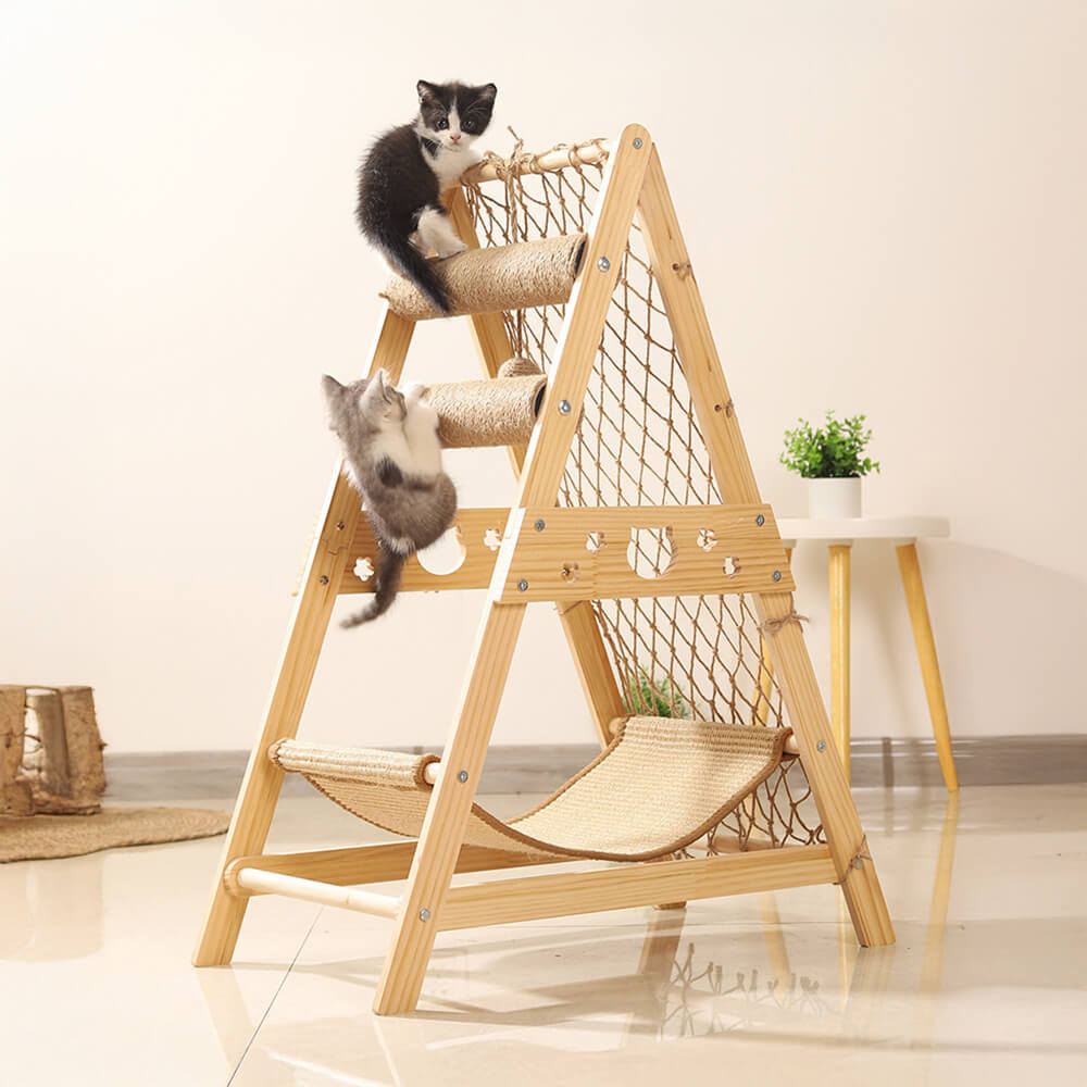 Arbre à chats en bois moderne, poteau à gratter drôle avec hamac et filet d'escalade