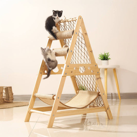 Arbre à chats en bois moderne, poteau à gratter drôle avec hamac et filet d'escalade