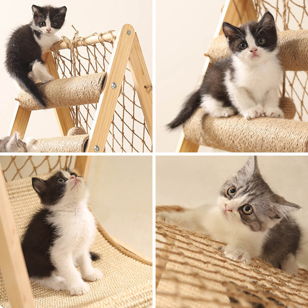 Arbre à chats en bois moderne, poteau à gratter drôle avec hamac et filet d'escalade