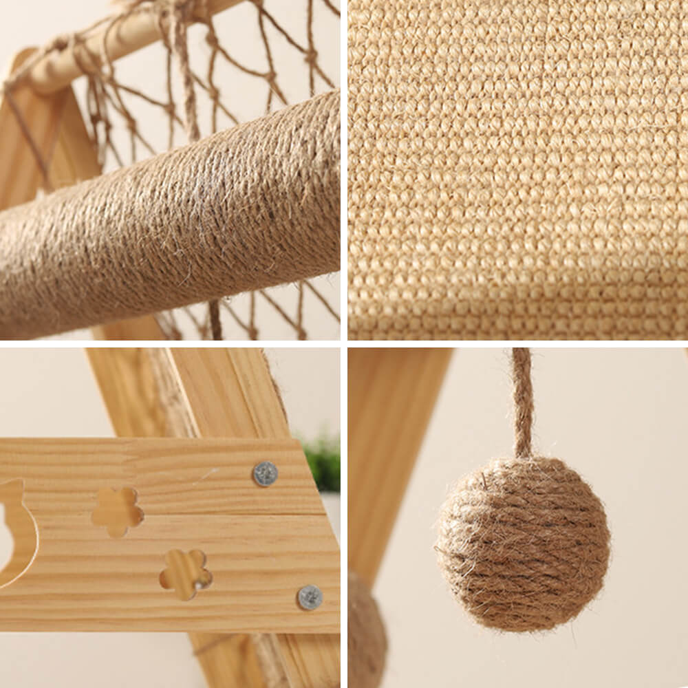Arbre à chats en bois moderne, poteau à gratter drôle avec hamac et filet d'escalade