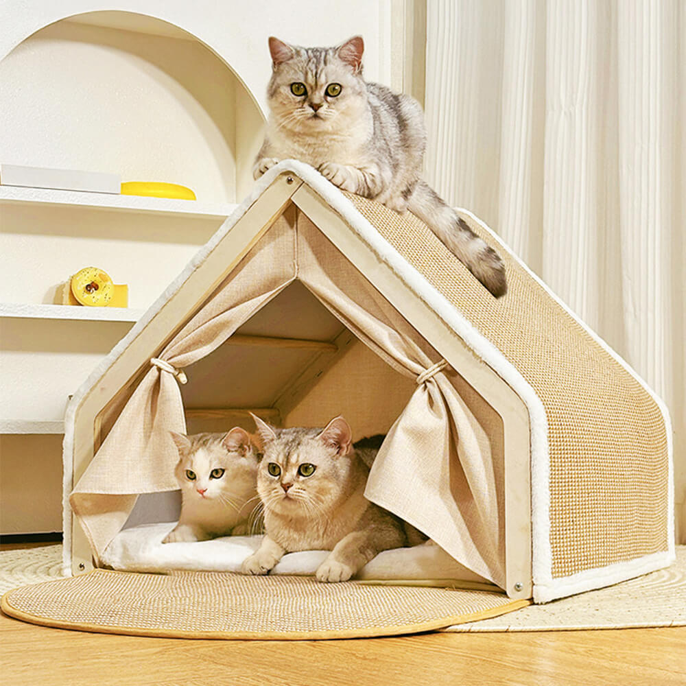 Tente pour chat tout-en-un avec toit grattant et zone de sommeil confortable