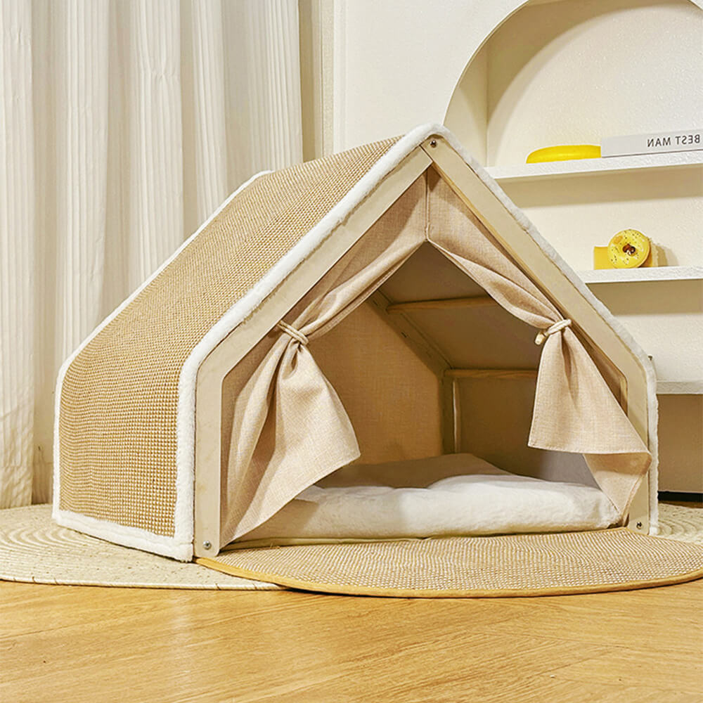 Tente pour chat tout-en-un avec toit grattant et zone de sommeil confortable