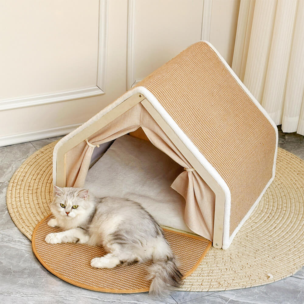 Tente pour chat tout-en-un avec toit grattant et zone de sommeil confortable