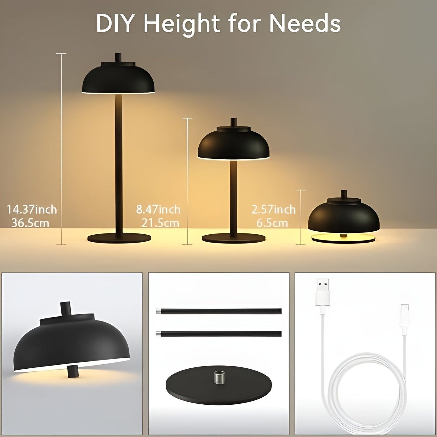 Lampe de table rechargeable élégante avec LED dimmable - Trois modes de lumière et USB