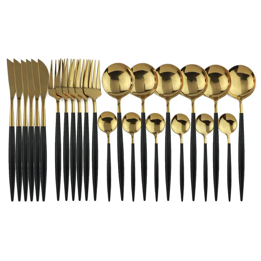 Ensemble de Couverts en Acier Inoxydable Noir et Or Luxe - pour Repas Élégants