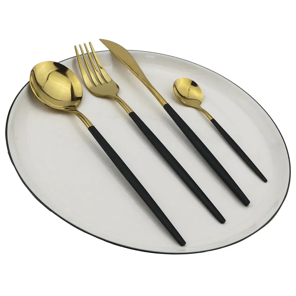 Ensemble de Couverts en Acier Inoxydable Noir et Or Luxe - pour Repas Élégants