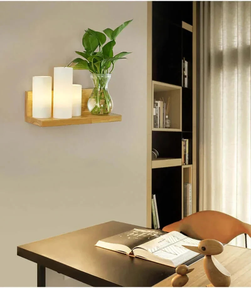 Appliques murales japonaises minimalistes en bois et en verre mat