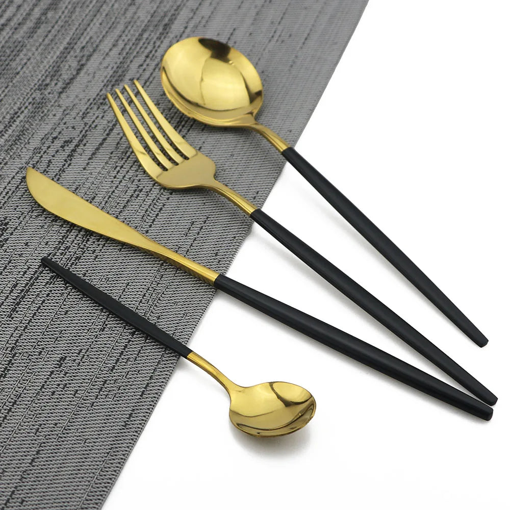 Ensemble de Couverts en Acier Inoxydable Noir et Or Luxe - pour Repas Élégants