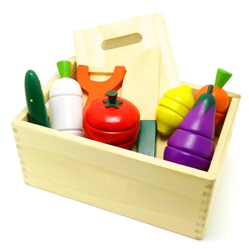 Ensemble de découpe de fruits et légumes en bois Montessori - Jouets de cuisine fictifs écologiques pour enfants