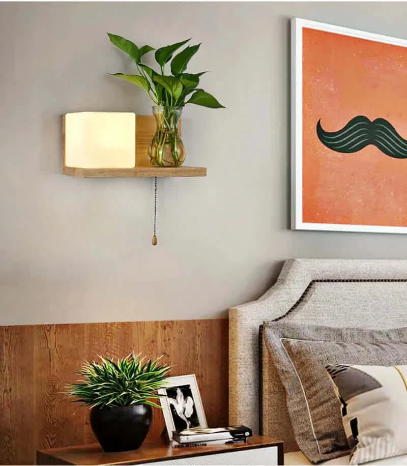 Appliques murales japonaises minimalistes en bois et en verre mat