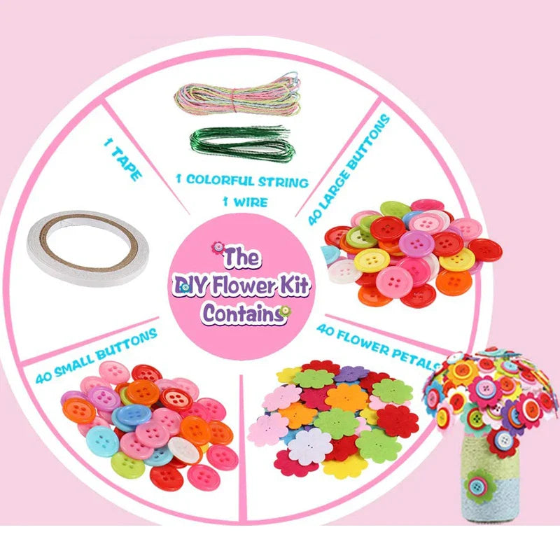 Kit de bricolage de bouquet de boutons et de fleurs en feutre - Projet artistique de vase DIY pour enfants, cadeau d'activité créative pour garçons et filles