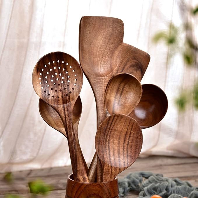 TeakArtisan - Ensemble de ustensiles de cuisine en teck fait main