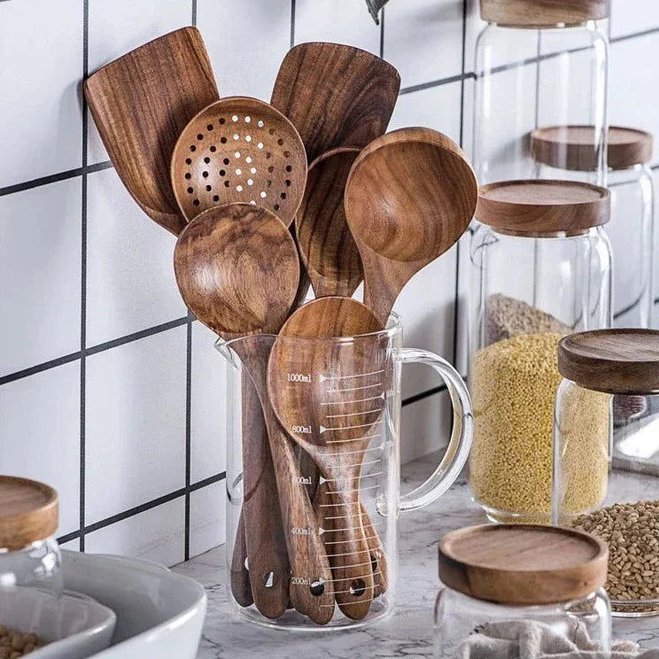 TeakArtisan - Ensemble de ustensiles de cuisine en teck fait main