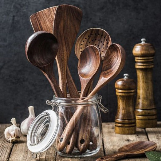 TeakArtisan - Ensemble de ustensiles de cuisine en teck fait main