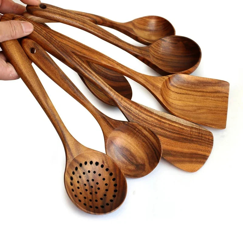 TeakArtisan - Ensemble de ustensiles de cuisine en teck fait main