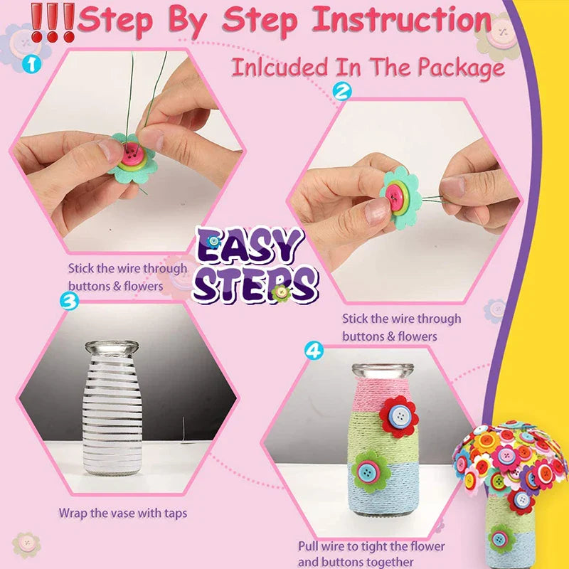 Kit de bricolage de bouquet de boutons et de fleurs en feutre - Projet artistique de vase DIY pour enfants, cadeau d'activité créative pour garçons et filles