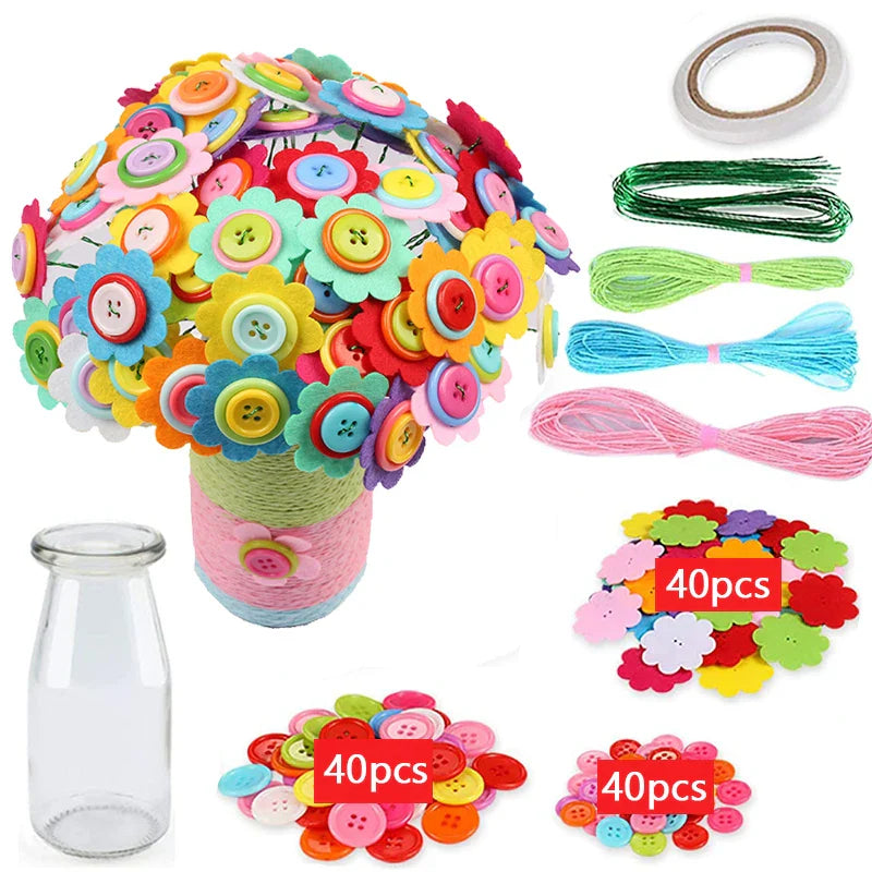 Kit de bricolage de bouquet de boutons et de fleurs en feutre - Projet artistique de vase DIY pour enfants, cadeau d'activité créative pour garçons et filles