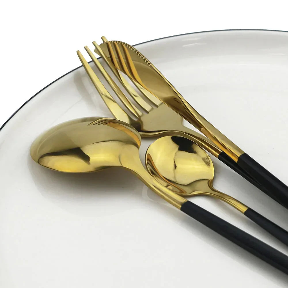 Ensemble de Couverts en Acier Inoxydable Noir et Or Luxe - pour Repas Élégants