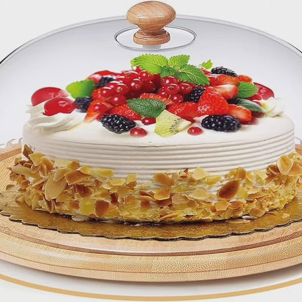 Couvercle en acrylique pour gâteau avec plateau en bambou