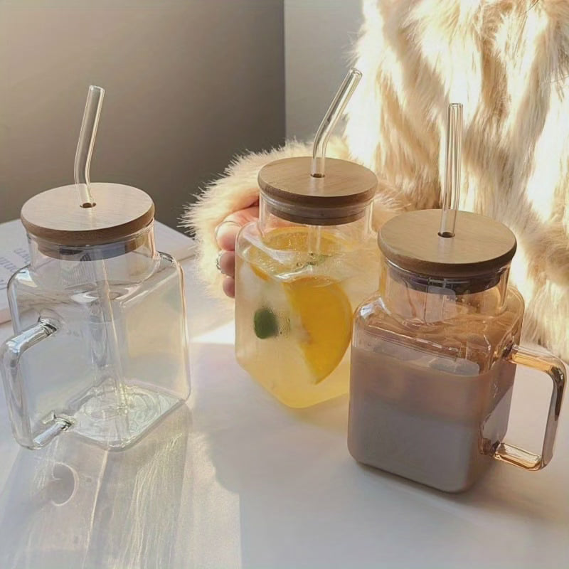 Mug en verre élégant avec poignée, couvercle et paille