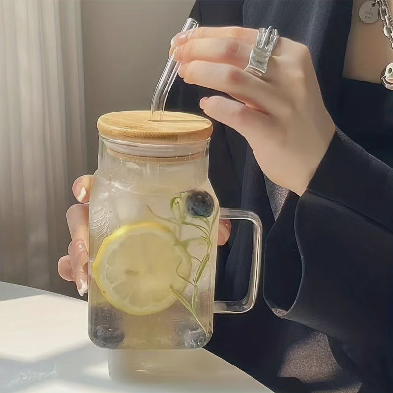 Mug en verre élégant avec poignée, couvercle et paille
