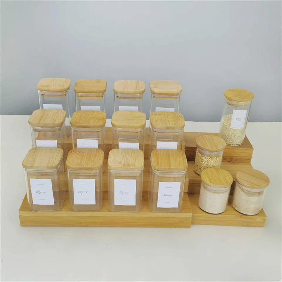 Ensemble de 12 bocaux à épices en verre carré avec un support en bambou en bois