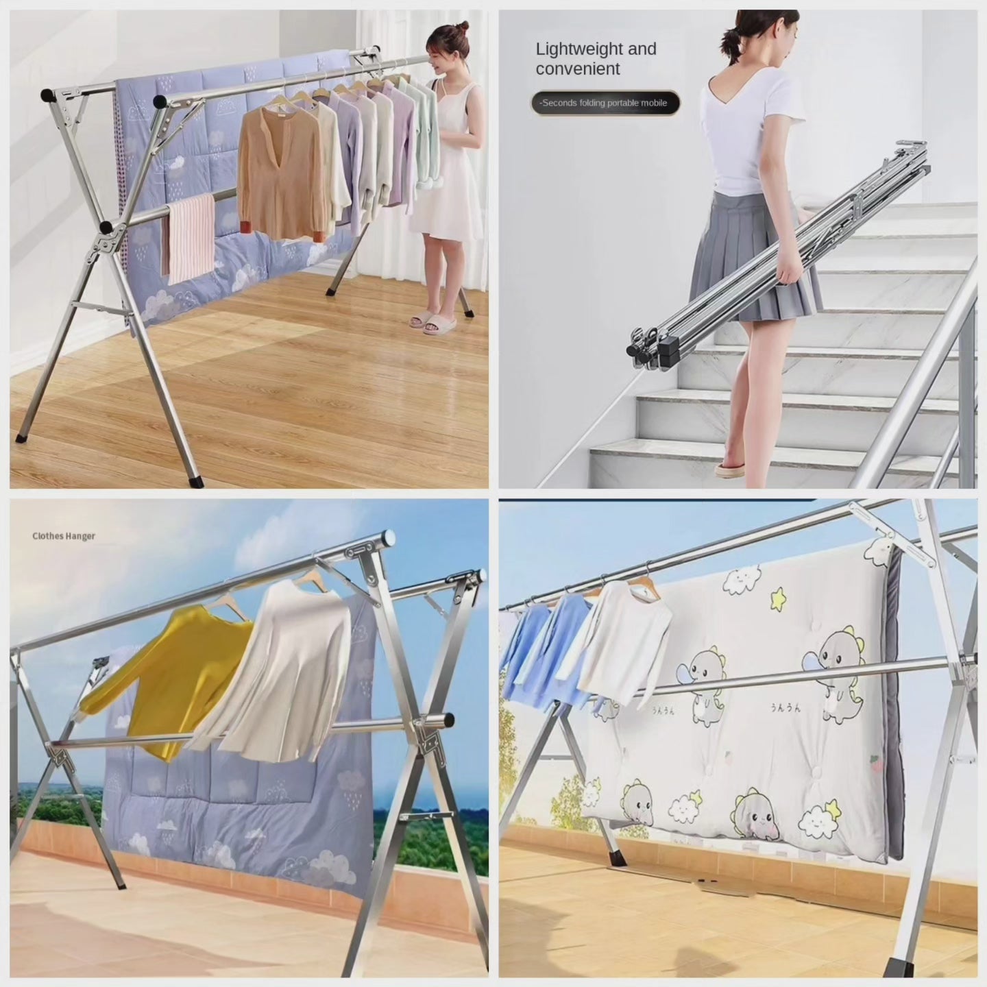 Cintre à vêtements pliable en acier inoxydable pour intérieur/balcon