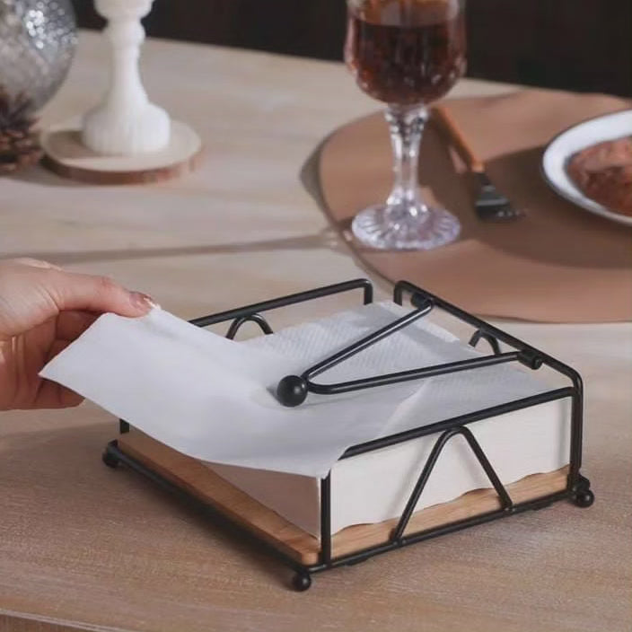 Support de serviette métallique avec base en bambou
