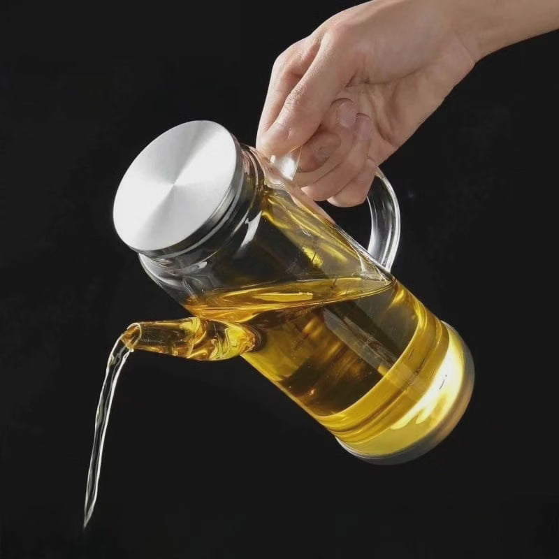 Distributeur/bol en verre pour huile/vinaigre avec couvercle en bambou et base en caoutchouc antidérapante avec autocollants d'étiquetage gratuits