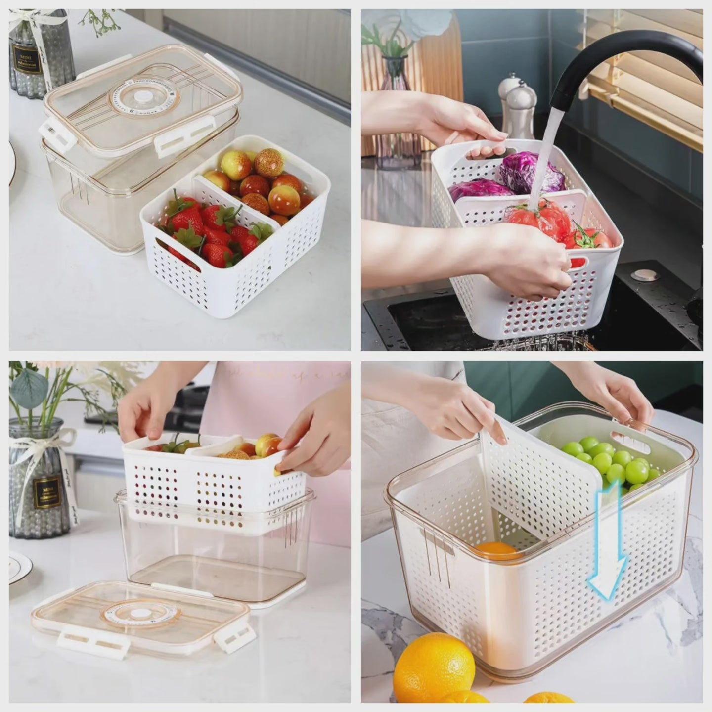 3 pcs Boîte de rangement hermétique pour réfrigérateur avec panier de drainage