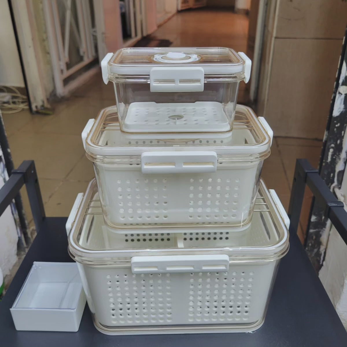 3 pcs Boîte de rangement hermétique pour réfrigérateur avec panier de drainage