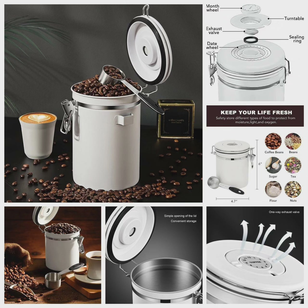 Conteneur de stockage alimentaire sous vide en acier inoxydable pour grains de café