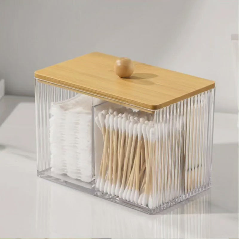 Boîte de rangement pour cotons-tiges en acrylique avec couvercle en bambou