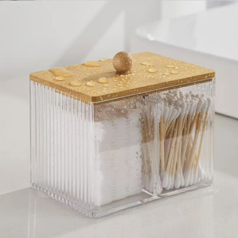 Boîte de rangement pour cotons-tiges en acrylique avec couvercle en bambou