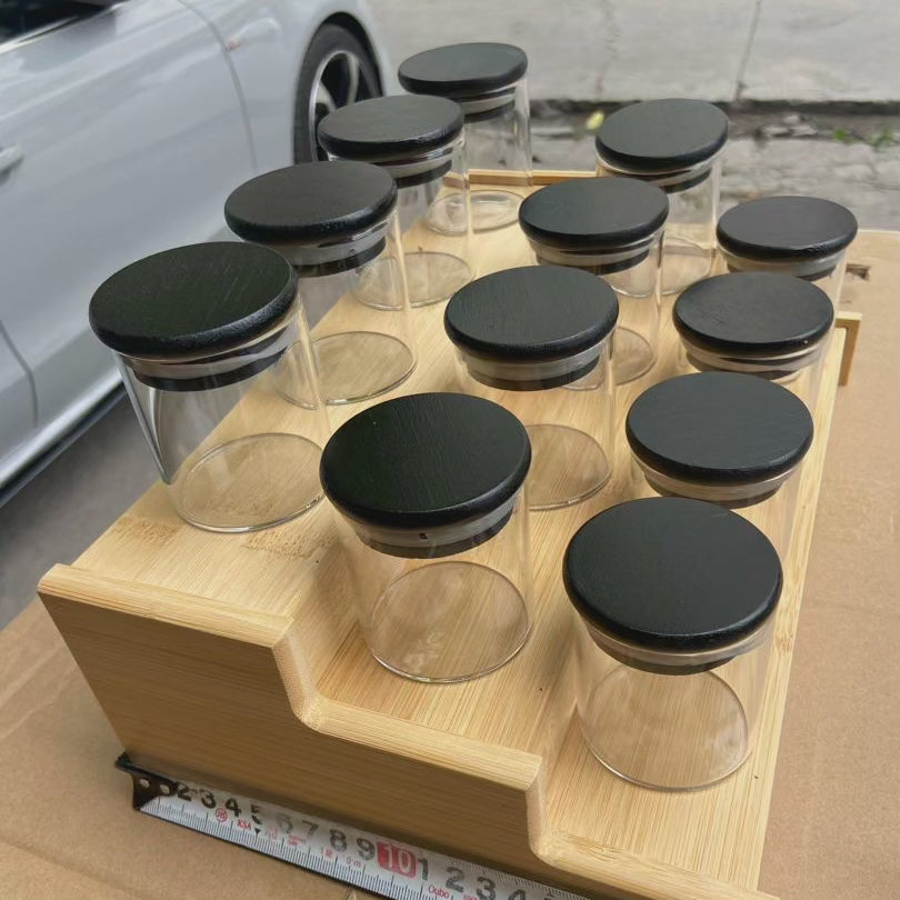 12pcs Bocal à épices en verre avec couvercles en bambou noir + support