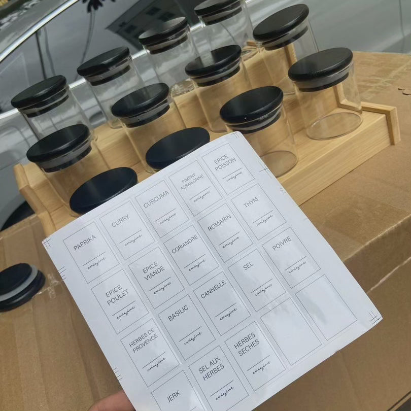 12pcs Bocal à épices en verre avec couvercles en bambou noir + support