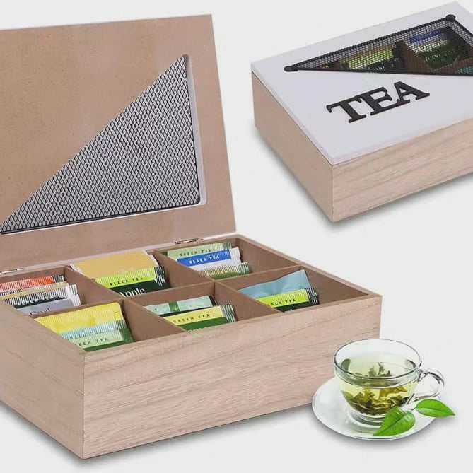 Organisateur en bois pour sachets de thé/café à 6 compartiments