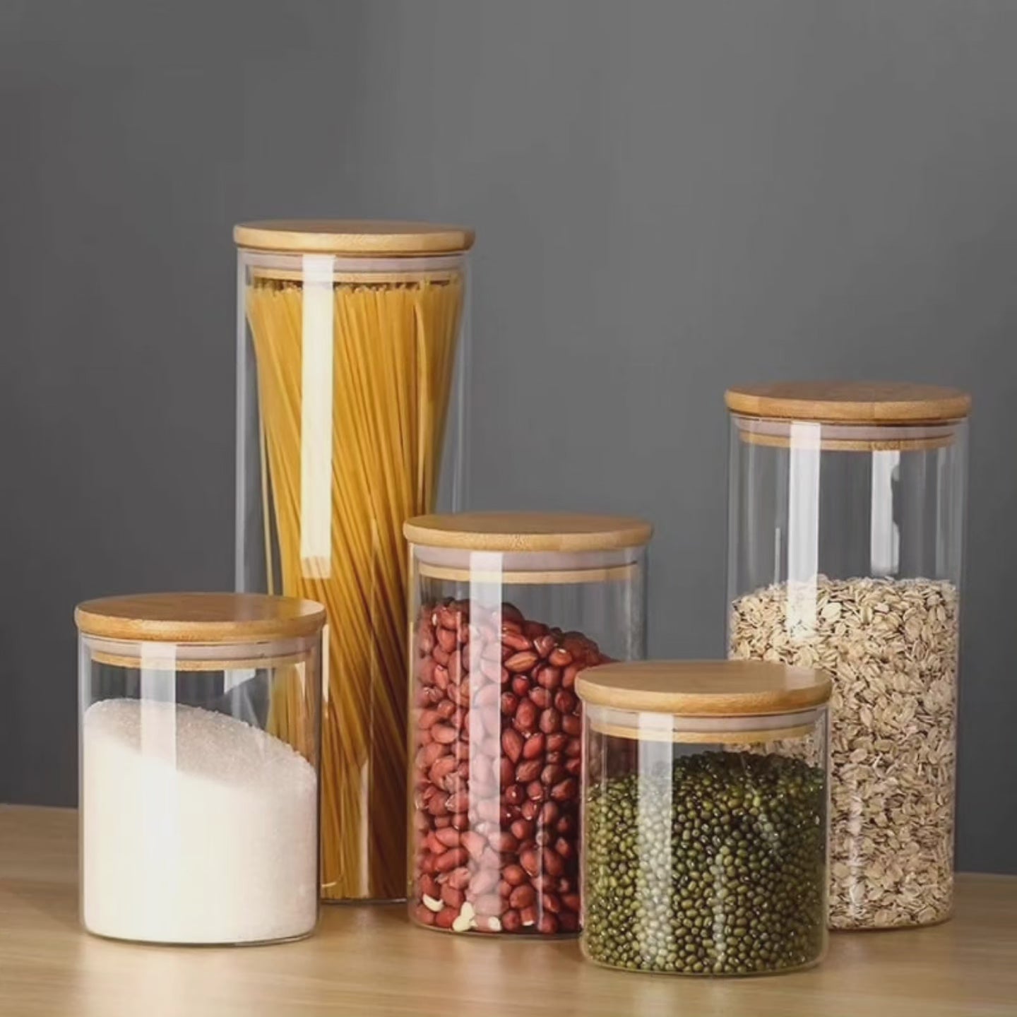 Ensemble de 5 bocaux en verre avec couvercles en bambou