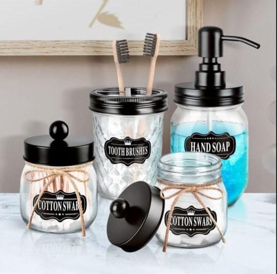 Accessoires de salle de bain Mason Jar avec couvercles noirs