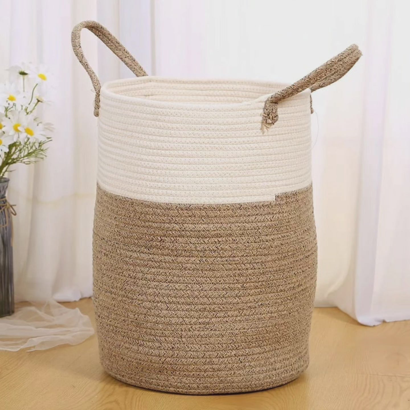 Panier à linge décoratif en corde de coton tissée avec poignées
