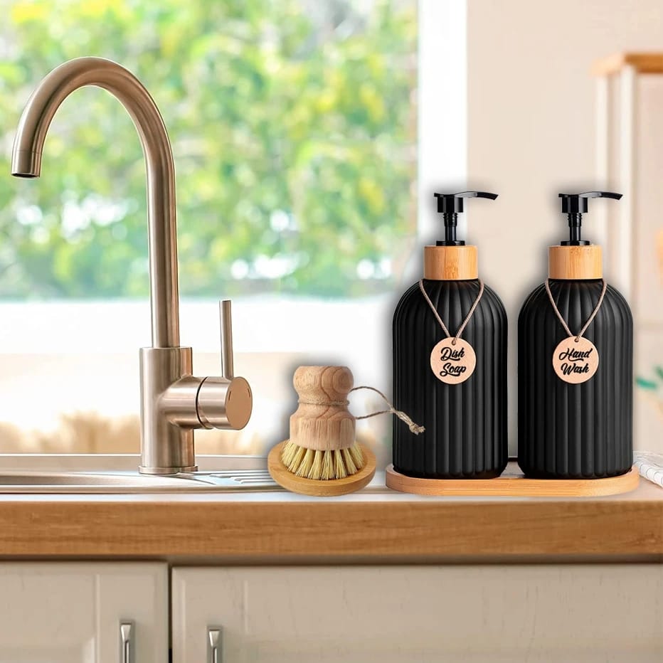 *ensemble de 2 pcs de distributeur de savon et de main avec plateau en bois