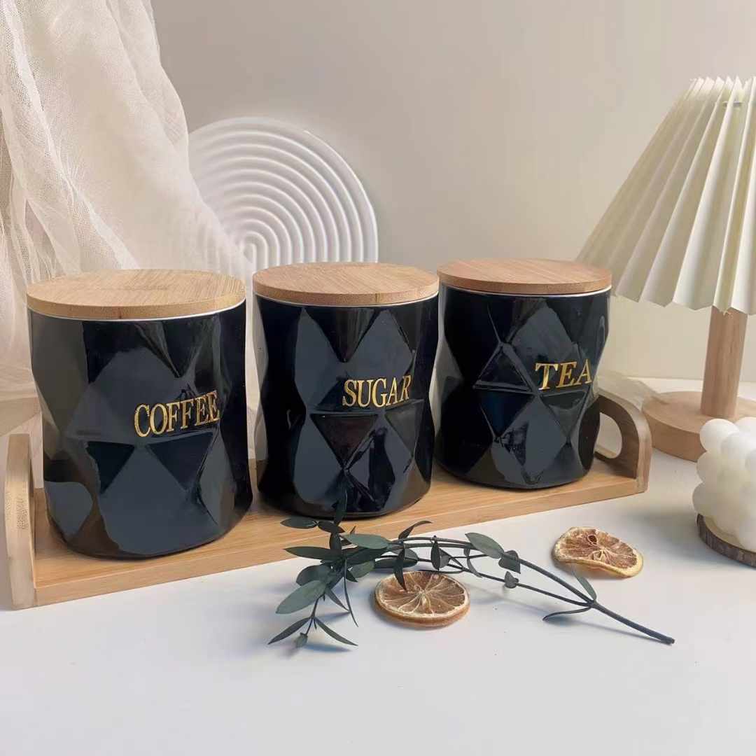3pc Thé,Café,Sucre noir Cannister