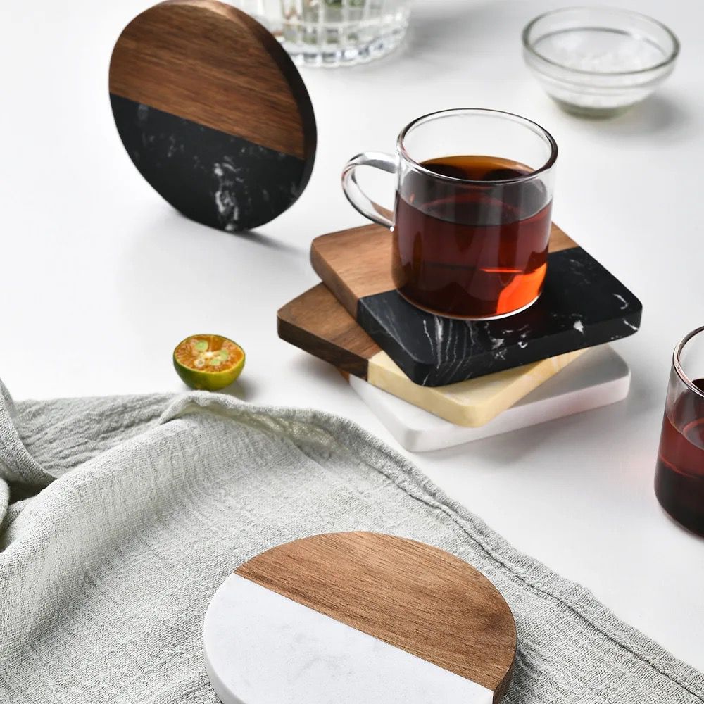6pcs Heavy Marble Wood Splicing Coasters Noir