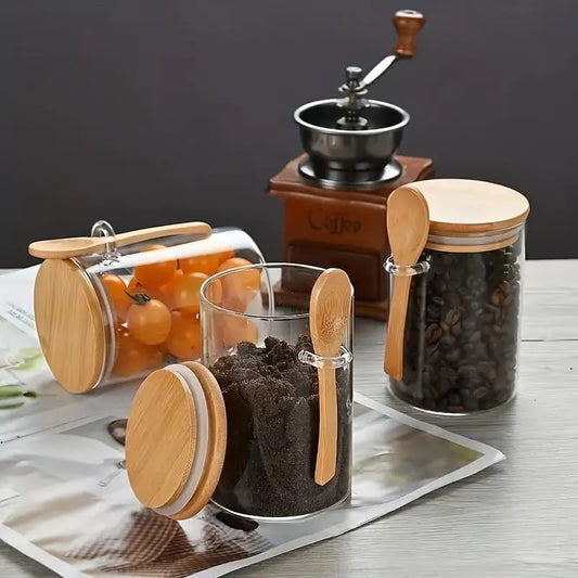 Bocal en verre rond avec couvercle en bambou