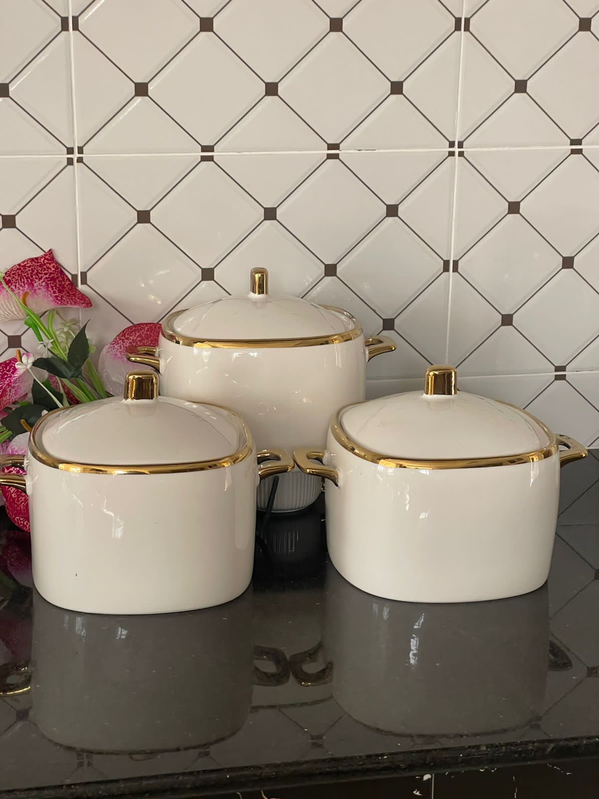 3Pc Assiettes en céramique ligne or