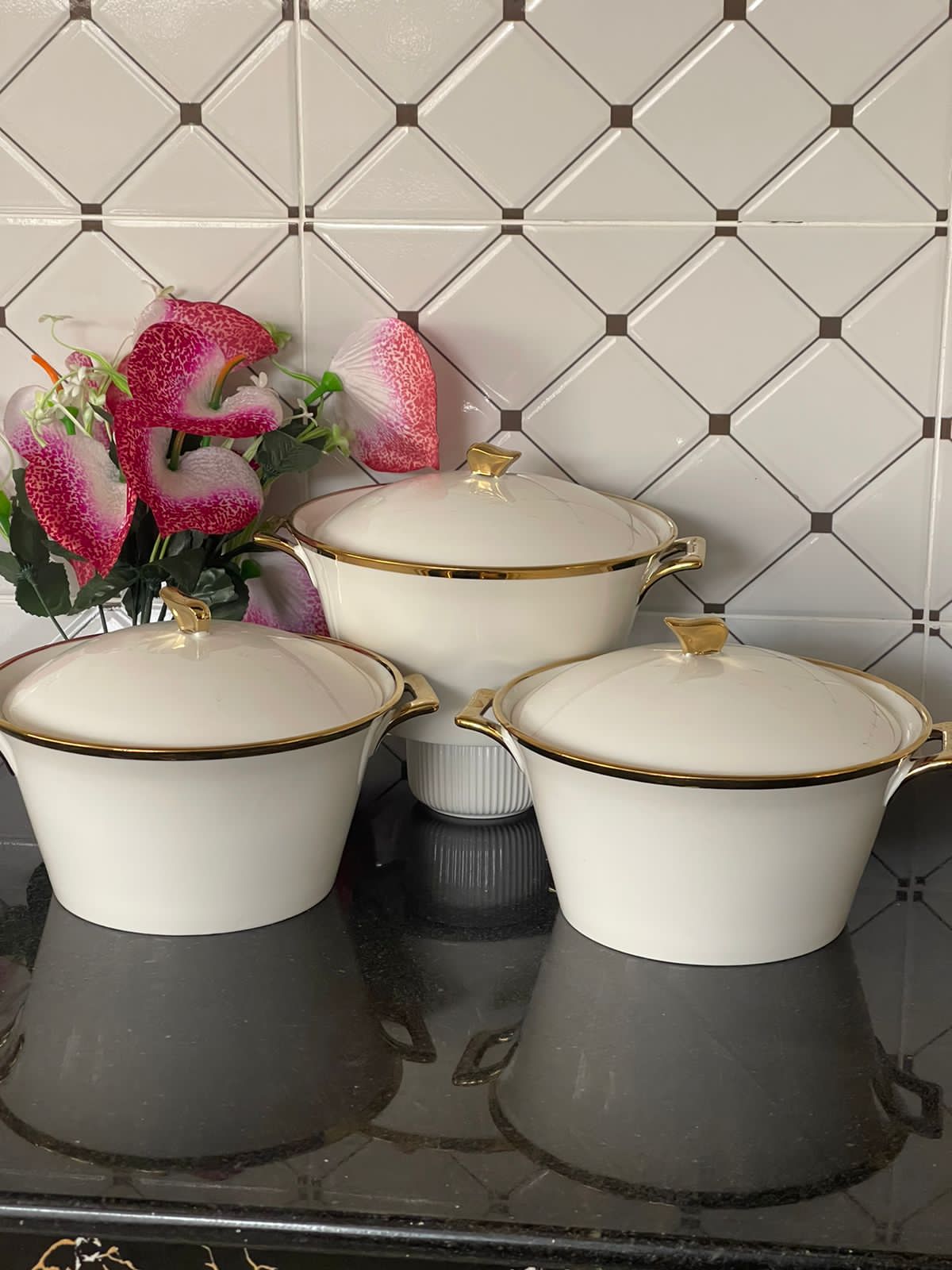 3Pc Assiettes en céramique ligne or