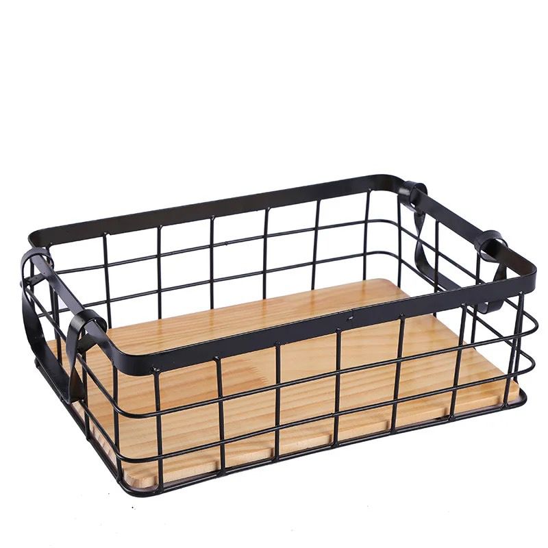 Panier en fer de rangement avec base en bambou