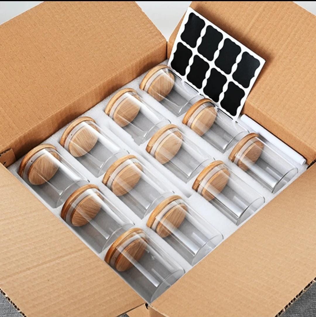 12 bocaux en verre ronds avec étiquettes de garde-manger