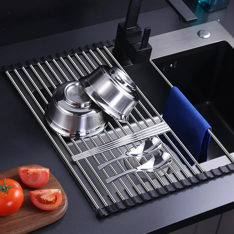 Étagère de drainage pour la cuisine en acier inoxydable – SinkRack – pliable – pour casseroles et autres plats – planche de drainage