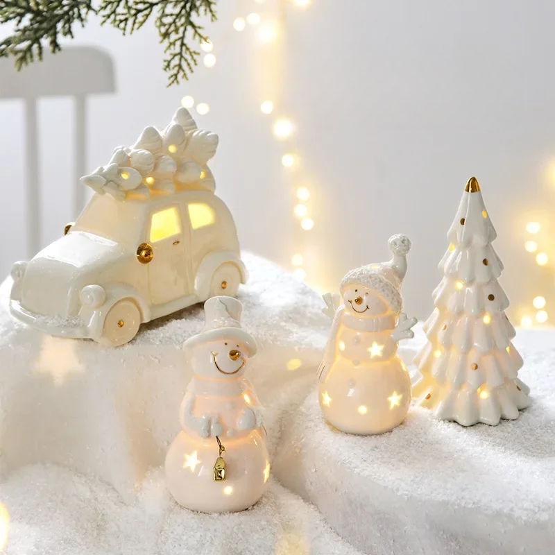 Bonhomme de neige en céramique lumineux – Figurine décorative festive pour des soirées d'hiver chaleureuses